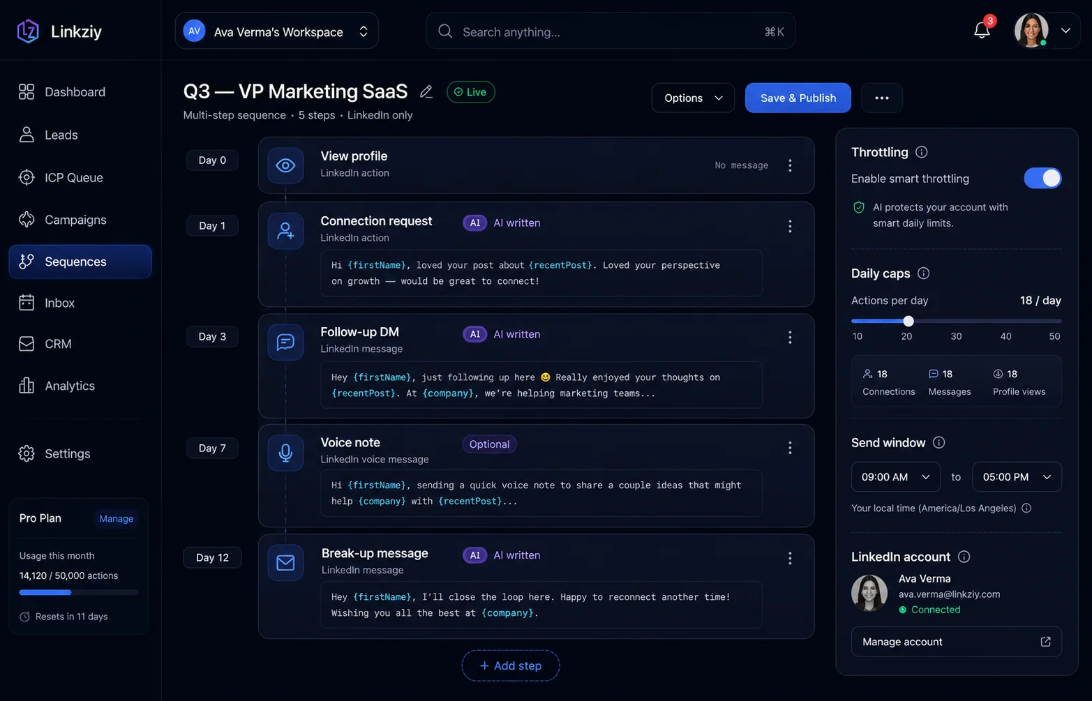 AI sequence builder composing a personalized LinkedIn opener with smart variables