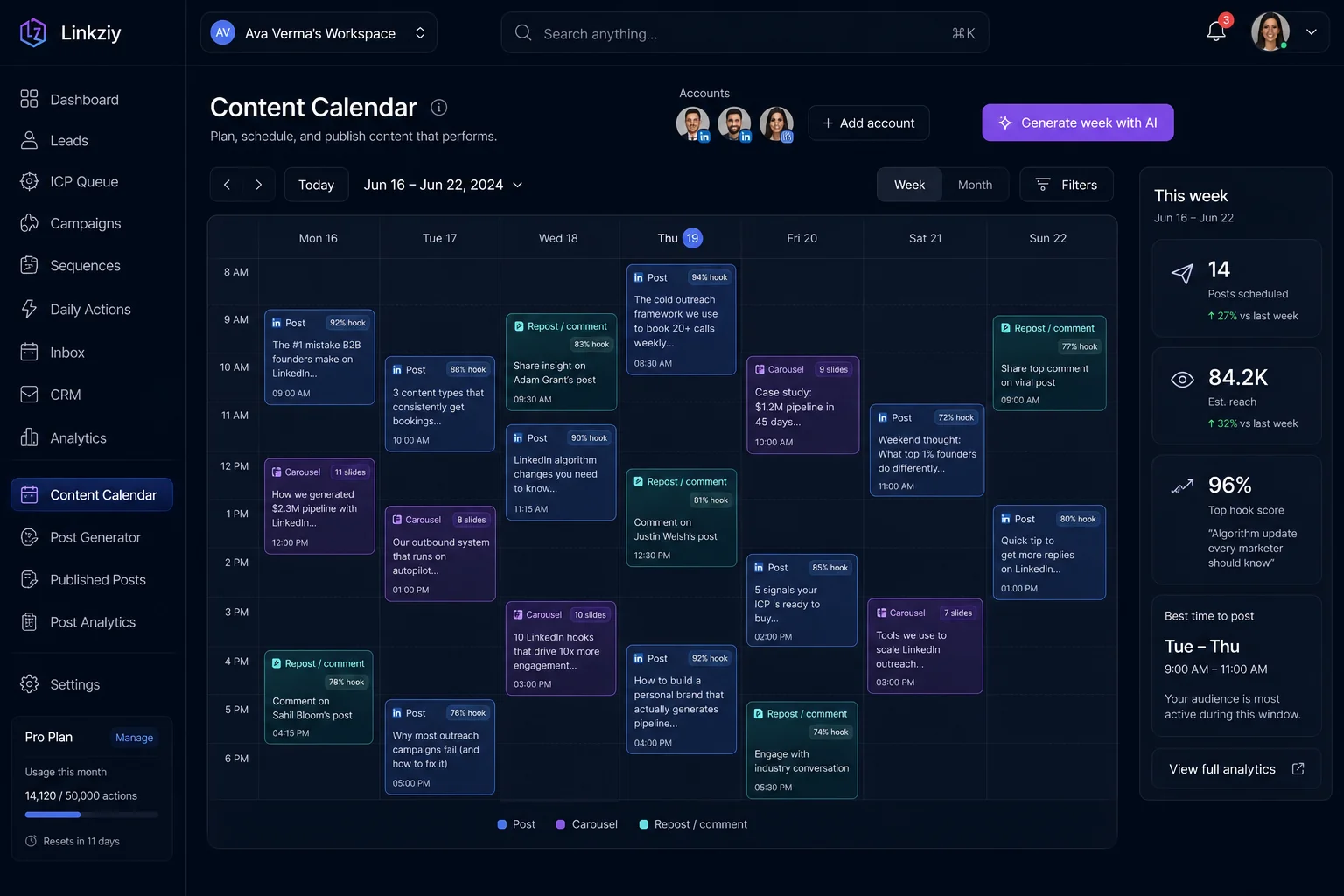 Content calendar with AI-assisted posts, carousels and hook scoring