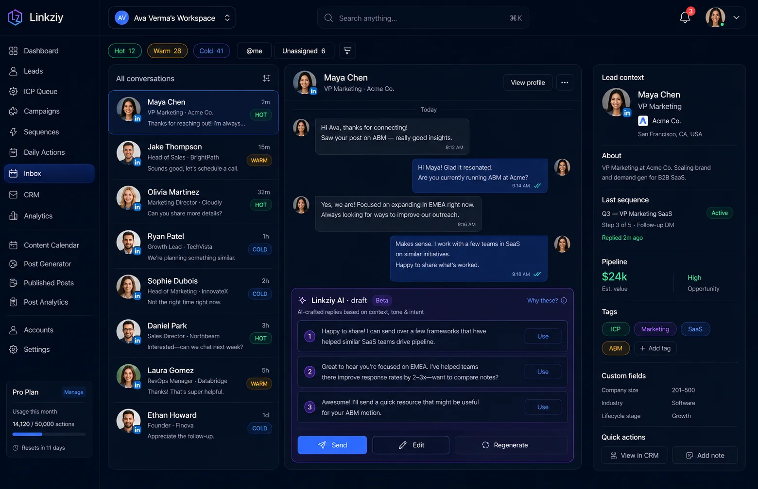 Unified LinkedIn inbox with hot and warm threads plus AI-drafted reply