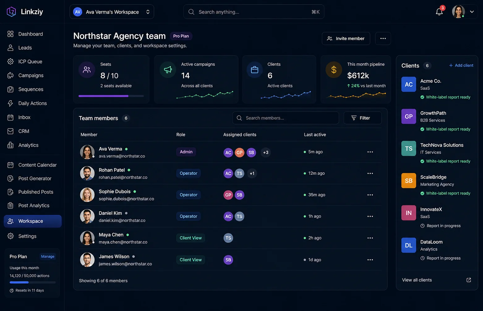 Team workspace with roles, per-client routing and seat counts